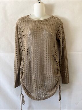 Light Brown Open Knit Crochet Sweater Sz M Boho Layer Beach Cover Up Ruched Side